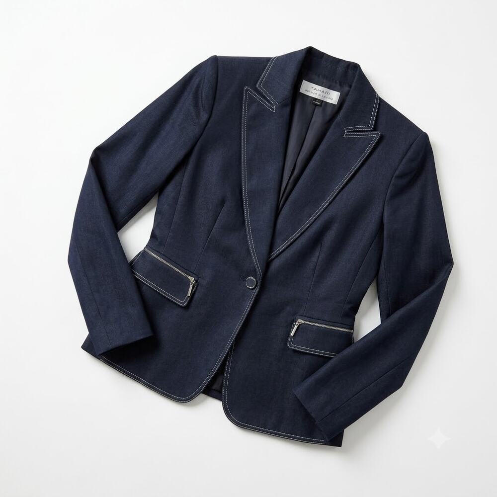 TAHARI Top Stitched Peak Collar Denim Blazer Navy Blue Zip Pocket Lined Womens 2